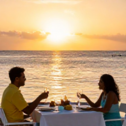 Caribbean Holidays, Cayman Adventure Holidays, Relaxed beachside dinner in Grand Cayman at sunset, fresh Caribbean food, outdoor tables and warm golden light