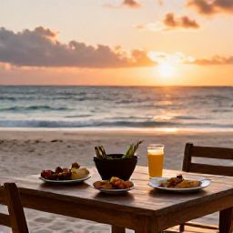 Caribbean Holidays, Cayman Adventure Holidays, Relaxed outdoor table overlooking a sandy Cayman Islands beach at sunset, with simple local food and a warm evening atmosphere