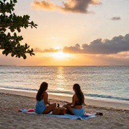 Caribbean Holidays, Cayman Adventure Holidays, Relaxed travellers enjoying a sunset picnic beside the Caribbean Sea on a Cayman Islands beach