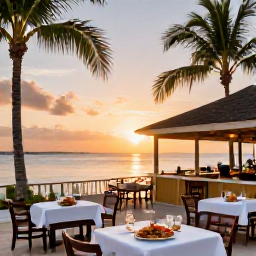 Caribbean Holidays, Cayman Adventure Holidays, Relaxed waterfront restaurant at sunset in the Cayman Islands with fresh seafood, outdoor tables and palm trees