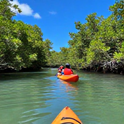 Caribbean Holidays, Cayman Adventure Holidays, Sea kayakers gliding through calm mangrove channels in Grand Cayman, surrounded by green trees and clear Caribbean water