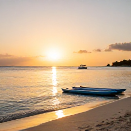 Caribbean Holidays, Cayman Adventure Holidays, Sunset over a quiet Cayman beach with paddleboards on the shore and a small boat on calm golden water