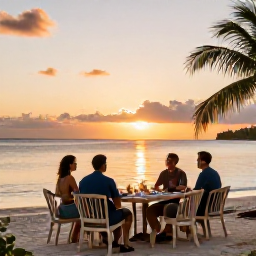 Caribbean Holidays, Cayman Adventure Holidays, Travellers enjoying a relaxed beachfront dinner at sunset in the Cayman Islands