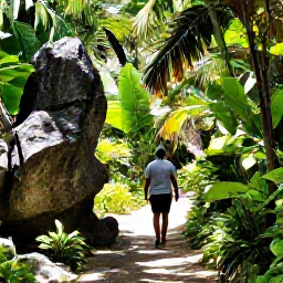 Caribbean Holidays, Cayman Adventure Holidays, Visitors walking along a lush nature trail in Grand Cayman with tropical vegetation, limestone rocks and dappled sunlight