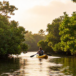 Caribbean Holidays, Cayman Adventure, Kayaker paddling through calm mangrove channels on Grand Cayman, surrounded by green tropical vegetation and golden morning light