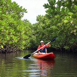 Caribbean Holidays, Cayman Adventure, Kayaker paddling through calm mangrove channels surrounded by lush green vegetation in the Cayman Islands