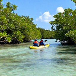 Caribbean Holidays, Cayman Adventure, Kayakers paddling through calm mangrove channels in Grand Cayman, surrounded by lush green coastal vegetation and clear shallow water