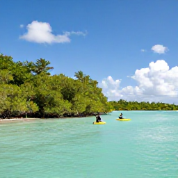 Caribbean Holidays, Cayman Adventure, Kayakers paddling through calm turquoise water beside mangroves in the Cayman Islands, bright summer sky and natural surroundings