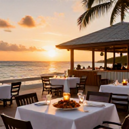 Caribbean Holidays, Cayman Adventure, Relaxed beachfront restaurant in Grand Cayman at sunset, with fresh seafood, outdoor tables and warm evening light