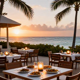 Caribbean Holidays, Cayman Adventure, Relaxed beachfront restaurant in Grand Cayman at sunset with outdoor tables, local food and a calm Caribbean atmosphere