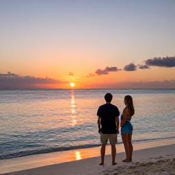 Caribbean Holidays, Cayman Adventure, Relaxed evening scene at a Cayman Islands beach with an adventurous couple watching a colourful sunset beside calm Caribbean water