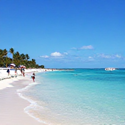 Caribbean Holidays, Cayman Adventure, Sunny Seven Mile Beach in Grand Cayman with clear turquoise water, a few palm trees and visitors enjoying water sports in July