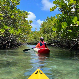 Caribbean Holidays, Cayman Adventure, Visitors kayaking through calm mangrove channels on Grand Cayman surrounded by tropical greenery and clear water