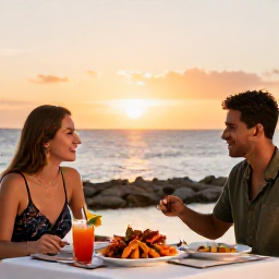 Caribbean Holidays, Cayman All Inclusive, A couple dining outdoors at a Caribbean restaurant in Grand Cayman at sunset, with fresh seafood, tropical drinks and warm evening light