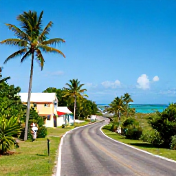 Caribbean Holidays, Cayman All Inclusive, A scenic Grand Cayman road beside tropical vegetation and the sea, with a visitor exploring the island near colourful houses and palm trees