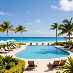 Caribbean Holidays, Cayman All Inclusive, A stylish beachfront resort in Grand Cayman with a swimming pool, sun loungers, tropical gardens and the Caribbean Sea beyond