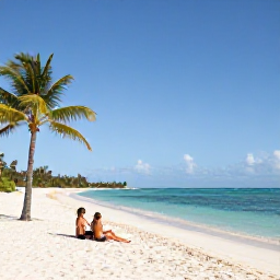 Caribbean Holidays, Cayman All Inclusive, A wide sandy beach on Grand Cayman with calm turquoise water, palm trees and a relaxed couple enjoying the sunshine
