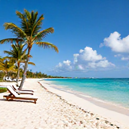 Caribbean Holidays, Cayman All Inclusive, A wide sandy beach on Grand Cayman with clear turquoise water, palm trees and comfortable sun loungers under bright Caribbean sunshine