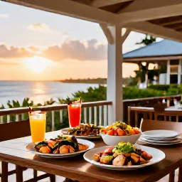 Caribbean Holidays, Cayman All Inclusive, An elegant open-air restaurant at a Grand Cayman resort serving fresh Caribbean seafood, colourful salads and tropical drinks at sunset
