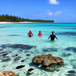 Caribbean Holidays, Cayman All Inclusive, Holidaymakers snorkelling in shallow clear water near Grand Cayman, with colourful fish, coral and a bright tropical coastline in the background