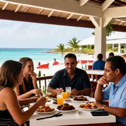 Caribbean Holidays, Cayman All Inclusive, Visitors dining at a welcoming Caribbean restaurant in George Town, Grand Cayman, with local dishes and island atmosphere