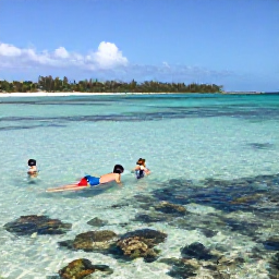 Caribbean Holidays, Cayman All Inclusive, Visitors snorkelling in clear shallow water near Grand Cayman, with colourful fish, coral and a bright tropical coastline