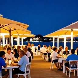 Caribbean Holidays, Cayman April Tours, Relaxed evening in George Town, Grand Cayman, with waterfront restaurants, warm lights and people enjoying dinner outdoors