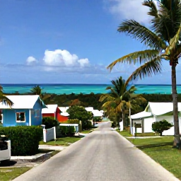 Caribbean Holidays, Cayman April Tours, Scenic road through Cayman Islands countryside with palms, colourful houses and a view towards the Caribbean Sea