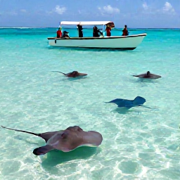 Caribbean Holidays, Cayman April Tours, Small tour boat approaching Stingray City sandbar in clear shallow Caribbean water, with visitors meeting friendly stingrays