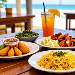 Caribbean Holidays, Cayman August Holidays, Traditional Caymanian food at a casual island restaurant, including fresh seafood, fritters, rice and peas and tropical drinks