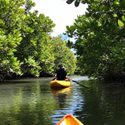 Caribbean Holidays, Cayman August Tours, A guided kayak tour through peaceful mangrove channels in Grand Cayman, surrounded by green leaves, still water and bright tropical light