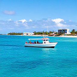 Caribbean Holidays, Cayman August Tours, A small tour boat travelling across clear blue water towards Stingray City in Grand Cayman, with snorkellers and a sunny tropical coastline in the background