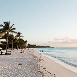Caribbean Holidays, Cayman Beach Holidays, A bright June morning on Seven Mile Beach in Grand Cayman, with calm turquoise water, soft white sand, palm trees and a few relaxed holidaymakers