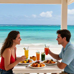Caribbean Holidays, Cayman Beach Holidays, A couple enjoying a relaxed seaside lunch at a casual Cayman Islands restaurant, with grilled seafood, tropical drinks and a view across turquoise water