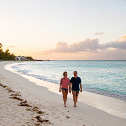 Caribbean Holidays, Cayman Beach Holidays, A couple walking along a clean Caribbean beach in Grand Cayman during golden hour, with turquoise water and soft evening light