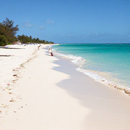 Caribbean Holidays, Cayman Beach Holidays, A panoramic daytime photograph of Seven Mile Beach in Grand Cayman, with soft white sand, clear turquoise water and a few relaxed holidaymakers