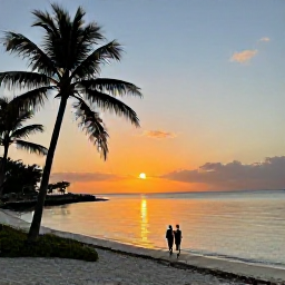 Caribbean Holidays, Cayman Beach Holidays, A peaceful Cayman Islands sunset over a calm beach, with golden light on the water, palm silhouettes and a couple walking along the shoreline