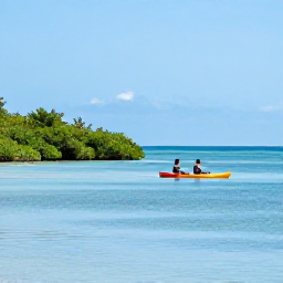 Caribbean Holidays, Cayman Beach Holidays, A peaceful Grand Cayman coastline with a couple kayaking through calm blue water and mangroves nearby
