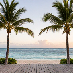 Caribbean Holidays, Cayman Beach Holidays, A peaceful late afternoon beach scene at Rum Point, Grand Cayman, with wooden decking, palm trees and calm blue sea