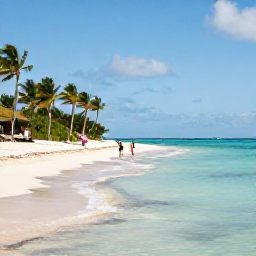 Caribbean Holidays, Cayman Beach Holidays, A peaceful stretch of Seven Mile Beach in Grand Cayman with calm shallow turquoise water, palm trees and a couple walking along the shoreline