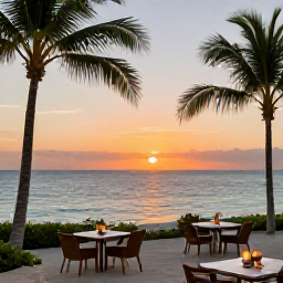 Caribbean Holidays, Cayman Beach Holidays, A peaceful sunset over the Caribbean Sea viewed from a beach restaurant in Grand Cayman, with outdoor tables and palm trees