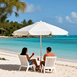 Caribbean Holidays, Cayman Beach Holidays, A relaxed August beach day in Grand Cayman, with a couple sitting under a parasol, cold drinks, calm turquoise sea and lush tropical surroundings