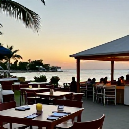 Caribbean Holidays, Cayman Beach Holidays, A relaxed waterfront restaurant in Grand Cayman at sunset, outdoor tables, fresh seafood and a soft tropical sky