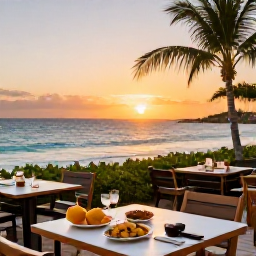 Caribbean Holidays, Cayman Beach Holidays, A welcoming Caribbean beach restaurant at sunset in Grand Cayman, with outdoor tables, local food and a view across the sea