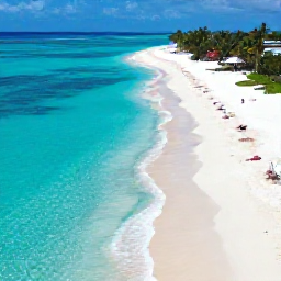 Caribbean Holidays, Cayman Beach Holidays, A wide aerial view of Seven Mile Beach in Grand Cayman with clear turquoise water, soft white sand, palm trees and a few relaxed visitors