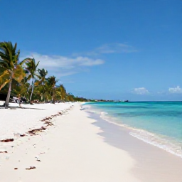 Caribbean Holidays, Cayman Beach Holidays, A wide, quiet white-sand beach on Grand Cayman with calm turquoise water, palm trees and bright May sunshine