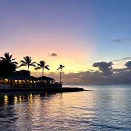 Caribbean Holidays, Cayman Beach Holidays, Evening view of Grand Cayman coastline in August, with a colourful Caribbean sunset, calm water, palm silhouettes and a welcoming beachfront restaurant