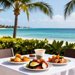 Caribbean Holidays, Cayman Beach Holidays, Outdoor table at a friendly Cayman Islands restaurant overlooking the sea, fresh seafood and tropical surroundings in January