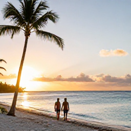 Caribbean Holidays, Cayman Beach Holidays, Relaxed couple walking along Seven Mile Beach at sunset in January, palm trees, calm turquoise water and golden light