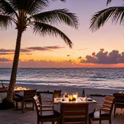 Caribbean Holidays, Cayman Beach Holidays, Relaxed evening at a Cayman Islands beachfront restaurant, tables overlooking the sea and a colourful sunset sky